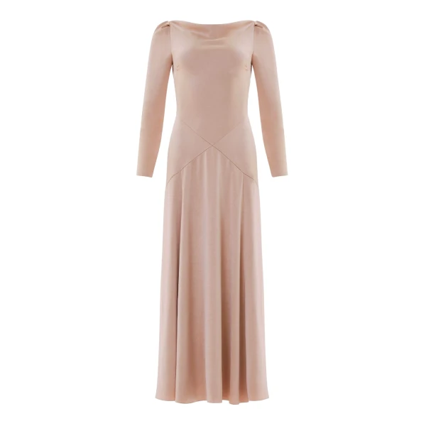 Needle & Thread Evangeline Satin Cowl Neck Long Sleeve Gown in Biscui - Dresses - British Luxury Evening Wear at Luxury Shoes 