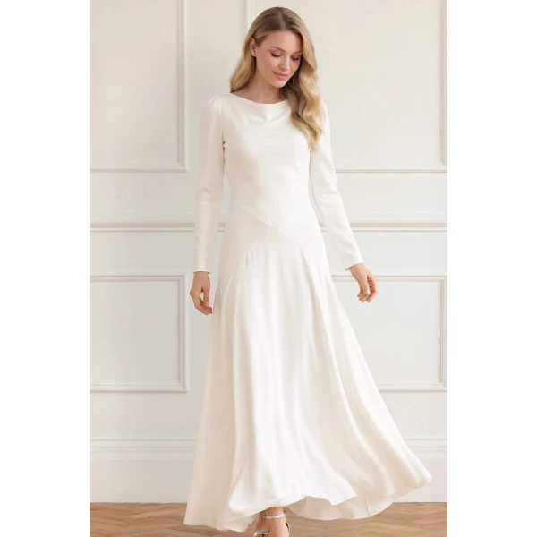 Needle & Thread Evangeline Satin Cowl Neck Long Sleeve Gown in Chalk - Dresses - British Luxury Evening Wear at Luxury Shoes 