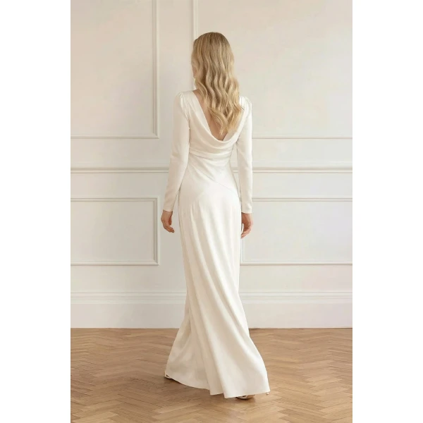 Needle & Thread Evangeline Satin Cowl Neck Long Sleeve Gown in Chalk - Dresses - British Luxury Evening Wear at Luxury Shoes 