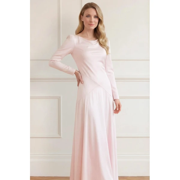 Needle & Thread Evangeline Satin Cowl Neck Long Sleeve Gown in Shell - Dresses - British Luxury Evening Wear at Luxury Shoes 