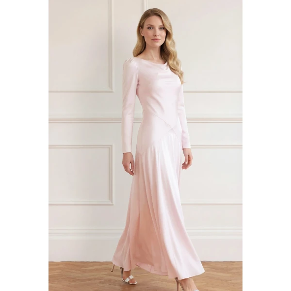 Needle & Thread Evangeline Satin Cowl Neck Long Sleeve Gown in Shell - Dresses - British Luxury Evening Wear at Luxury Shoes 