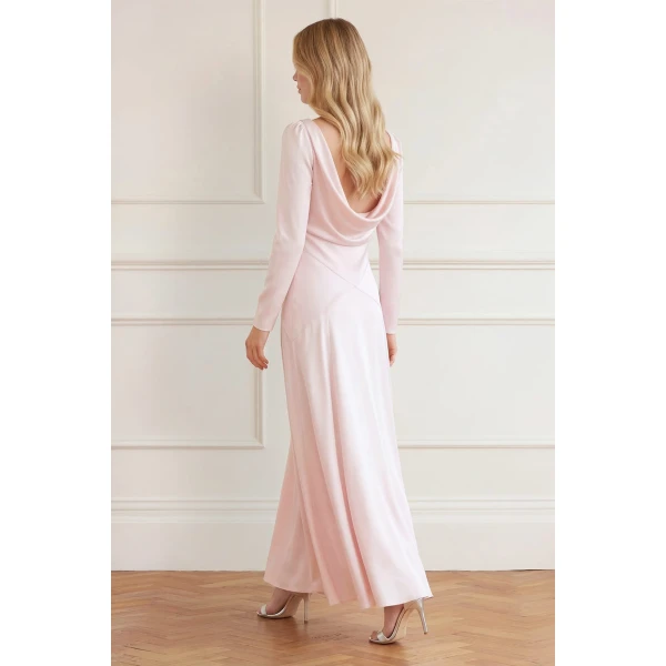 Needle & Thread Evangeline Satin Cowl Neck Long Sleeve Gown in Shell - Dresses - British Luxury Evening Wear at Luxury Shoes 