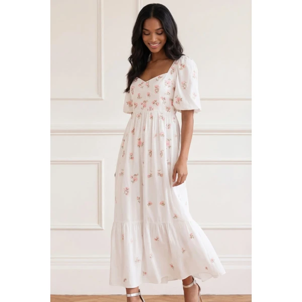 Needle & Thread Flora Ditsy Cotton Ankle Gown in Chalk - Dresses - British Luxury Evening Wear at Luxury Shoes 