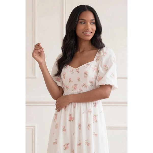 Needle & Thread Flora Ditsy Cotton Ankle Gown in Chalk - Dresses - British Luxury Evening Wear at Luxury Shoes 