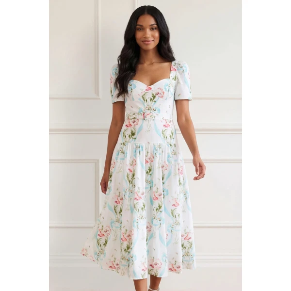 Needle & Thread Floral Ribbon Cotton Ballerina Dress in Optic White/Blue - Dresses - British Luxury Evening Wear at Luxury Shoes 