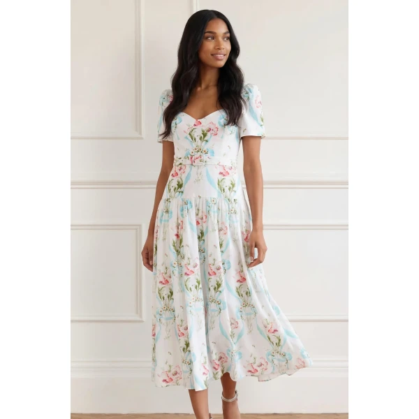 Needle & Thread Floral Ribbon Cotton Ballerina Dress in Optic White/Blue - Dresses - British Luxury Evening Wear at Luxury Shoes 