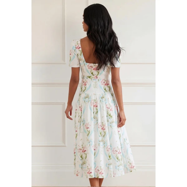 Needle & Thread Floral Ribbon Cotton Ballerina Dress in Optic White/Blue - Dresses - British Luxury Evening Wear at Luxury Shoes 