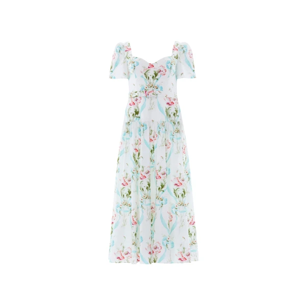 Needle & Thread Floral Ribbon Cotton Ballerina Dress in Optic White/Blue - Dresses - British Luxury Evening Wear at Luxury Shoes 