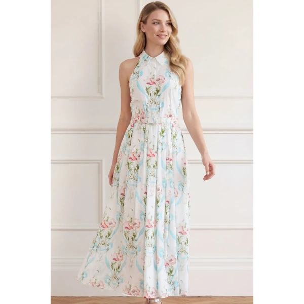 Needle & Thread Floral Ribbon Cotton Halter Ankle Gown in Optic White/Blue - Dresses - British Luxury Evening Wear at Luxury Shoes 