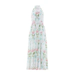 Needle & Thread Floral Ribbon Cotton Halter Ankle Gown in Optic White/Blue - Dresses - British Luxury Evening Wear at Luxury Shoes 