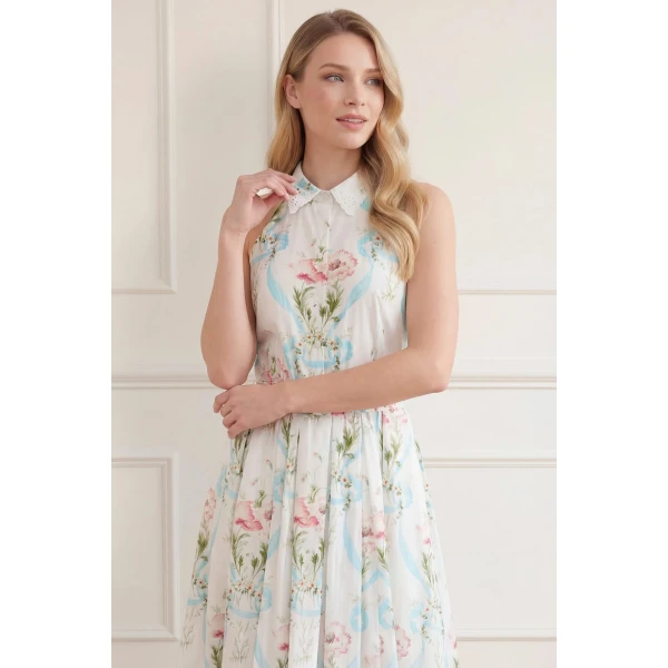 Needle & Thread Floral Ribbon Cotton Halter Ankle Gown in Optic White/Blue - Dresses - British Luxury Evening Wear at Luxury Shoes 