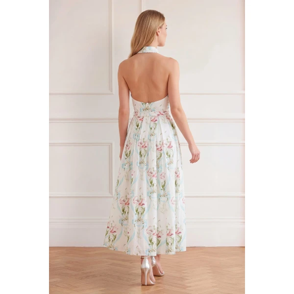 Needle & Thread Floral Ribbon Cotton Halter Ankle Gown in Optic White/Blue - Dresses - British Luxury Evening Wear at Luxury Shoes 