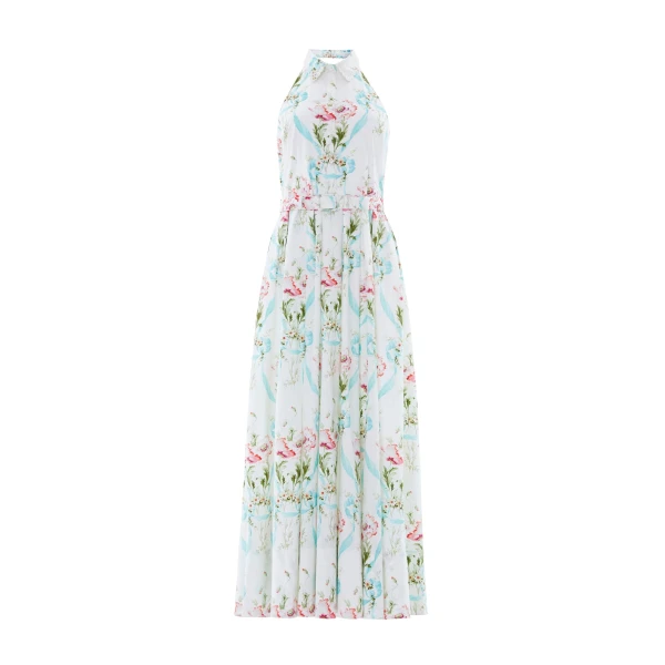 Needle & Thread Floral Ribbon Cotton Halter Ankle Gown in Optic White/Blue - Dresses - British Luxury Evening Wear at Luxury Shoes 