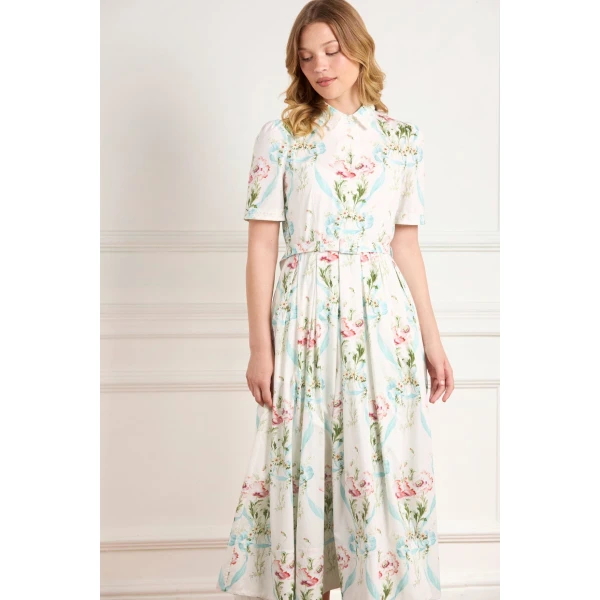 Needle & Thread Floral Ribbon Cotton Short Sleeve Ballerina Dress in Optic White/Blue - Dresses - British Luxury Evening Wear at Luxury Shoes 