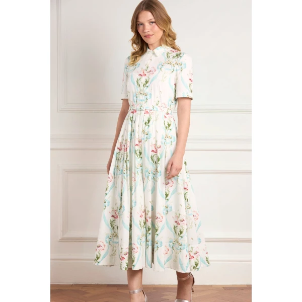 Needle & Thread Floral Ribbon Cotton Short Sleeve Ballerina Dress in Optic White/Blue - Dresses - British Luxury Evening Wear at Luxury Shoes 