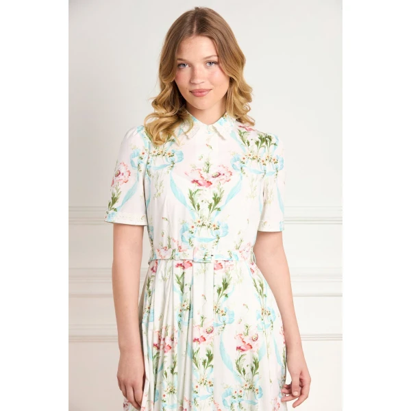 Needle & Thread Floral Ribbon Cotton Short Sleeve Ballerina Dress in Optic White/Blue - Dresses - British Luxury Evening Wear at Luxury Shoes 