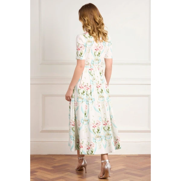 Needle & Thread Floral Ribbon Cotton Short Sleeve Ballerina Dress in Optic White/Blue - Dresses - British Luxury Evening Wear at Luxury Shoes 