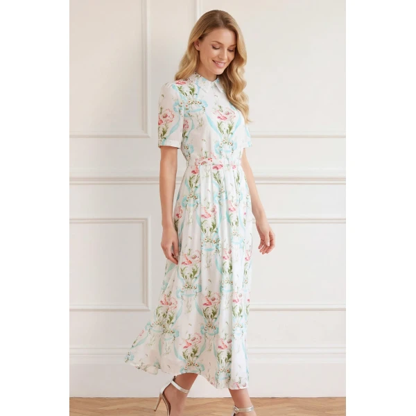Needle & Thread Floral Ribbon Cotton Short Sleeve Ballerina Dress in Optic White/Blue - Dresses - British Luxury Evening Wear at Luxury Shoes 