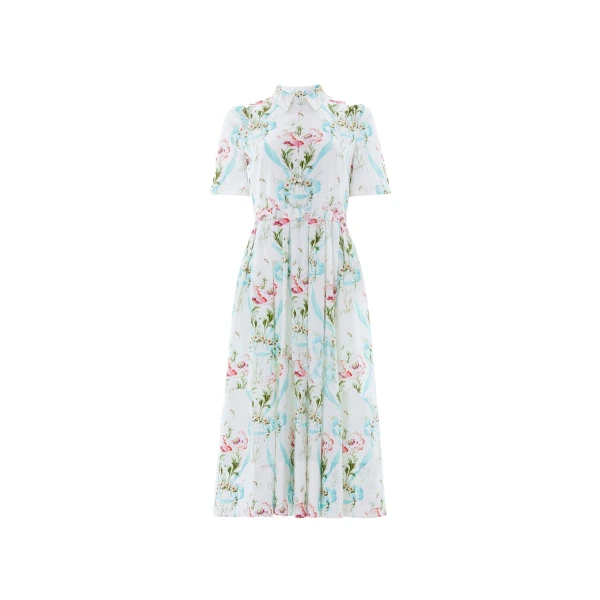 Needle & Thread Floral Ribbon Cotton Short Sleeve Ballerina Dress in Optic White/Blue - Dresses - British Luxury Evening Wear at Luxury Shoes 
