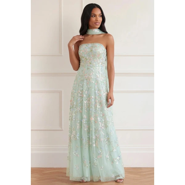 Needle & Thread Forget-Me-Not Strapless Gown in Sea Mist/Multi - Dresses - British Luxury Evening Wear at Luxury Shoes 
