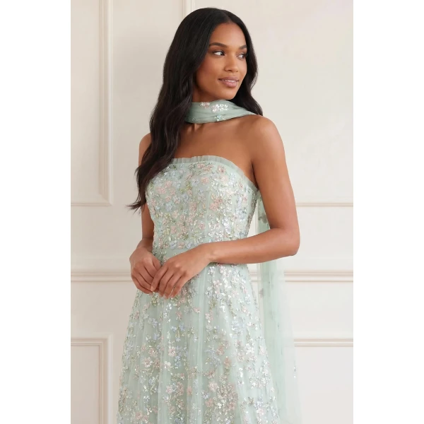 Needle & Thread Forget-Me-Not Strapless Gown in Sea Mist/Multi - Dresses - British Luxury Evening Wear at Luxury Shoes 