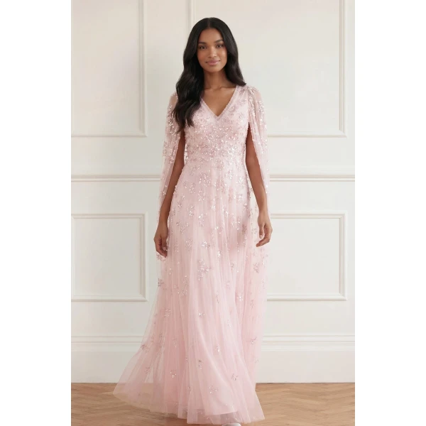 Needle & Thread Freesia Shimmer Cape Sleeve Ankle Gown in Opal - Dresses - British Luxury Evening Wear at Luxury Shoes 