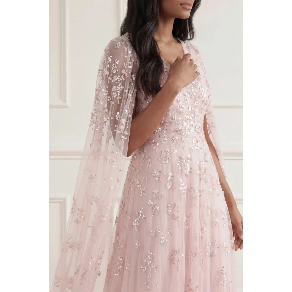 Needle & Thread Freesia Shimmer Cape Sleeve Ankle Gown in Opal - Dresses - British Luxury Evening Wear at Luxury Shoes 