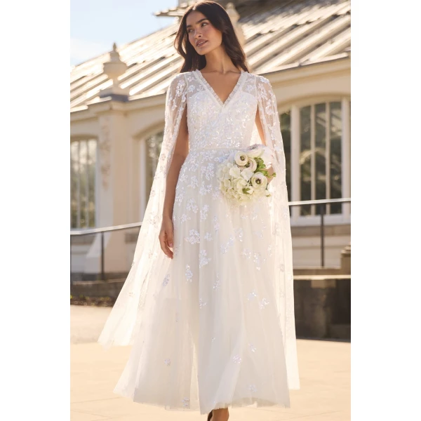 Needle & Thread Freesia Shimmer Cape Sleeve Ankle Gown in Swan White/Pink - Dresses - British Luxury Evening Wear at Luxury Shoes 