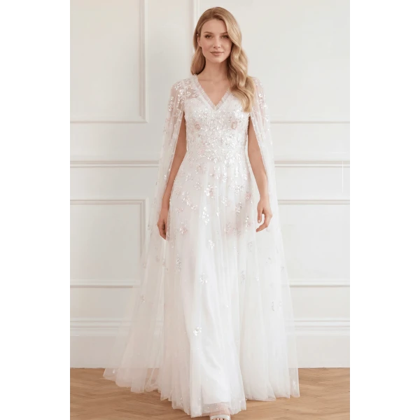 Needle & Thread Freesia Shimmer Cape Sleeve Ankle Gown in Swan White/Pink - Dresses - British Luxury Evening Wear at Luxury Shoes 