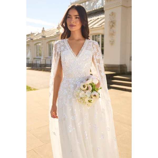 Needle & Thread Freesia Shimmer Cape Sleeve Ankle Gown in Swan White/Pink - Dresses - British Luxury Evening Wear at Luxury Shoes 