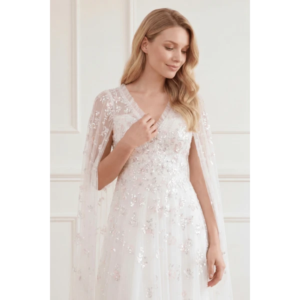 Needle & Thread Freesia Shimmer Cape Sleeve Ankle Gown in Swan White/Pink - Dresses - British Luxury Evening Wear at Luxury Shoes 