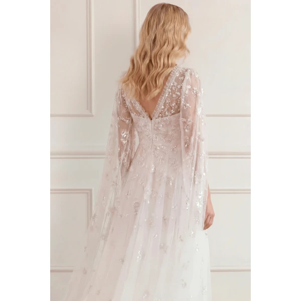 Needle & Thread Freesia Shimmer Cape Sleeve Ankle Gown in Swan White/Pink - Dresses - British Luxury Evening Wear at Luxury Shoes 