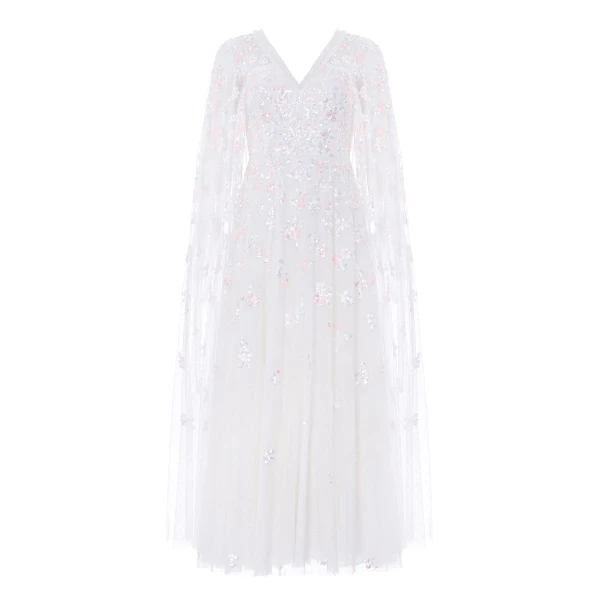 Needle & Thread Freesia Shimmer Cape Sleeve Ankle Gown in Swan White/Pink - Dresses - British Luxury Evening Wear at Luxury Shoes 