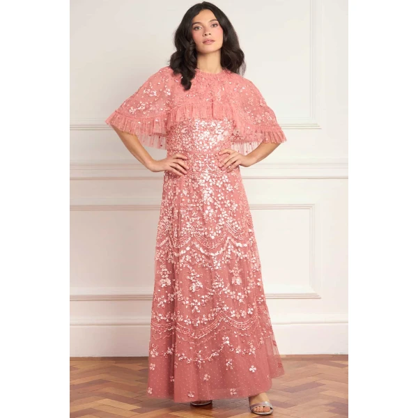 Needle & Thread Freya Cape Ankle Gown in Misty Rose - Dresses - British Luxury Evening Wear at Luxury Shoes 