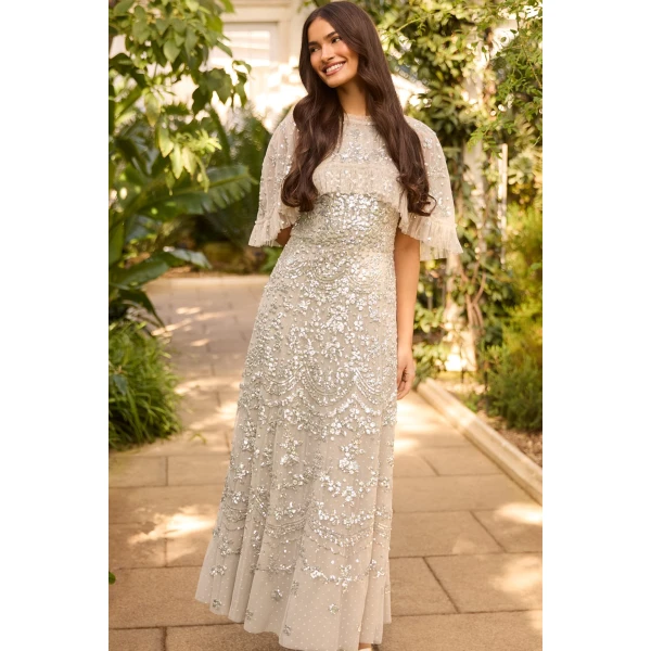 Needle & Thread Freya Cape Ankle Gown in Seafoam - Dresses - British Luxury Evening Wear at Luxury Shoes 