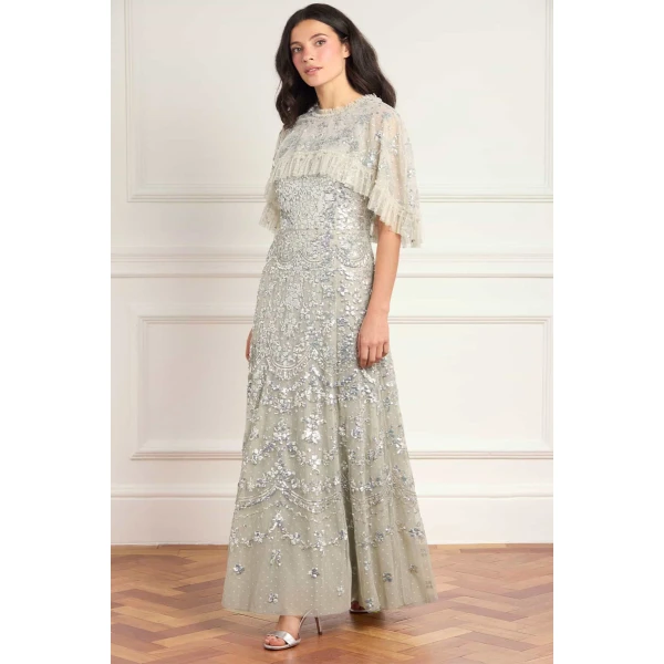 Needle & Thread Freya Cape Ankle Gown in Seafoam - Dresses - British Luxury Evening Wear at Luxury Shoes 