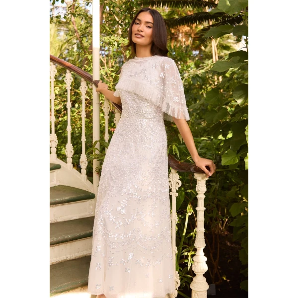 Needle & Thread Freya Cape Ankle Gown in Swan White - Dresses - British Luxury Evening Wear at Luxury Shoes 
