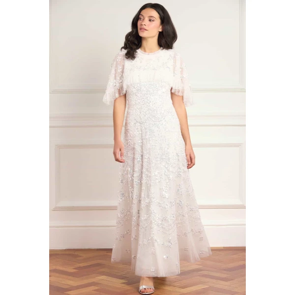Needle & Thread Freya Cape Ankle Gown in Swan White - Dresses - British Luxury Evening Wear at Luxury Shoes 