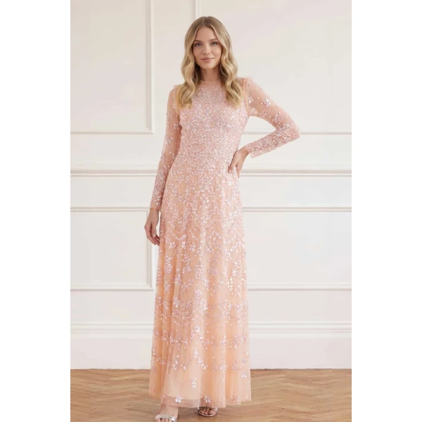 Needle & Thread Freya Long Sleeve Gown in Apricot Blush - Dresses - British Luxury Evening Wear at Luxury Shoes 