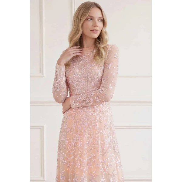 Needle & Thread Freya Long Sleeve Gown in Apricot Blush - Dresses - British Luxury Evening Wear at Luxury Shoes 