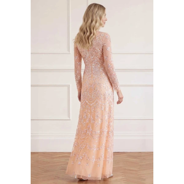 Needle & Thread Freya Long Sleeve Gown in Apricot Blush - Dresses - British Luxury Evening Wear at Luxury Shoes 