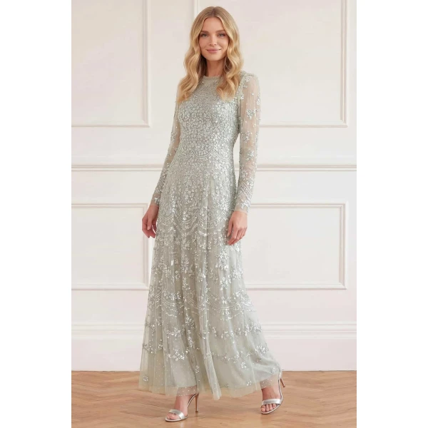 Needle & Thread Freya Long Sleeve Gown in Seafoam - Dresses - British Luxury Evening Wear at Luxury Shoes 
