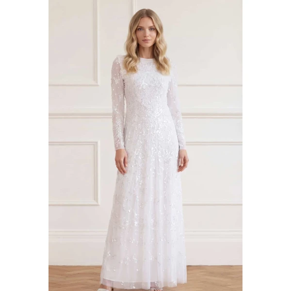 Needle & Thread Freya Long Sleeve Gown in Swan White - Dresses - British Luxury Evening Wear at Luxury Shoes 