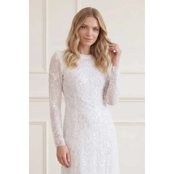 Needle & Thread Freya Long Sleeve Gown in Swan White - Dresses - British Luxury Evening Wear at Luxury Shoes 