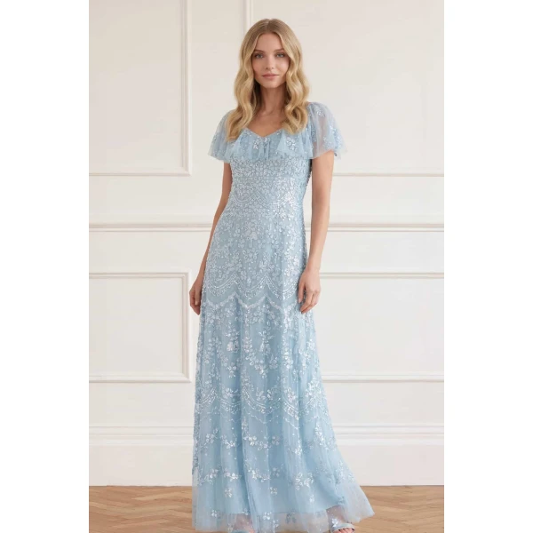 Needle & Thread Freya V-Neck Gown in Aqua - Dresses - British Luxury Evening Wear at Luxury Shoes 