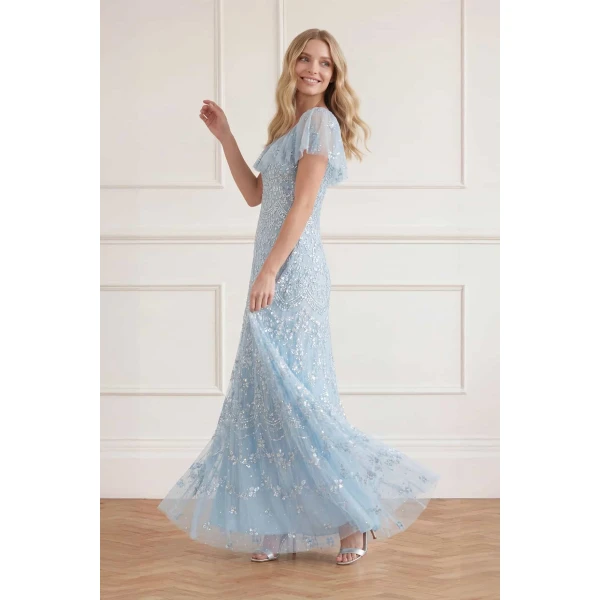 Needle & Thread Freya V-Neck Gown in Aqua - Dresses - British Luxury Evening Wear at Luxury Shoes 