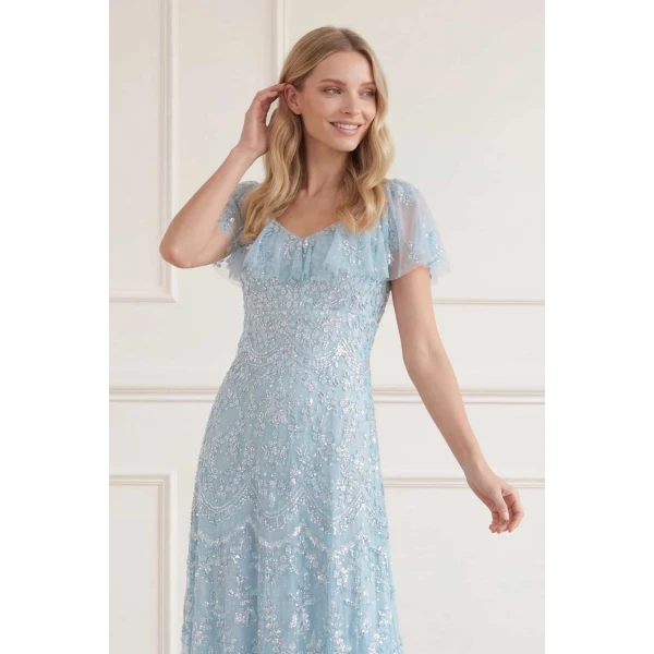 Needle & Thread Freya V-Neck Gown in Aqua - Dresses - British Luxury Evening Wear at Luxury Shoes 