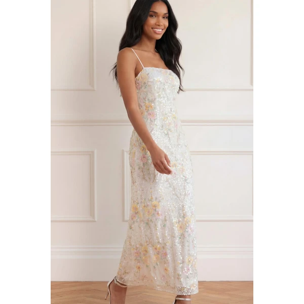 Needle & Thread Garden Rose Dot Cami Ankle Gown in Swan White/Pastel - Dresses - British Luxury Evening Wear at Luxury Shoes 