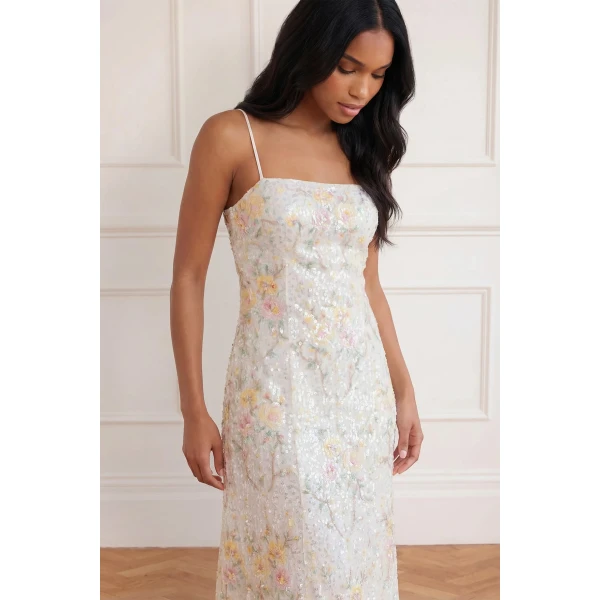 Needle & Thread Garden Rose Dot Cami Ankle Gown in Swan White/Pastel - Dresses - British Luxury Evening Wear at Luxury Shoes 