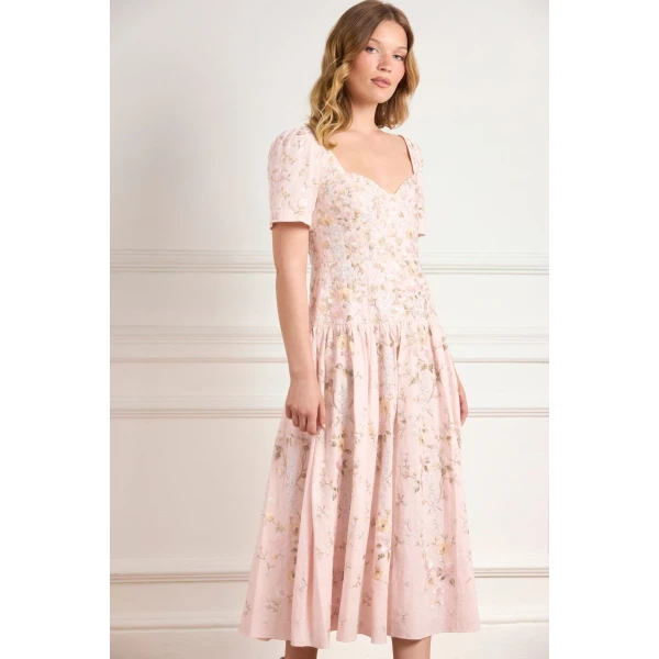 Needle & Thread Garden Rose Linen Blend Ballerina Dress in Shell/Pastel Blue - Dresses - British Luxury Evening Wear at Luxury Shoes 